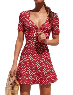 

Women Fashion Mini Robe V Neck Slim Beach Party Dot Printed Dress