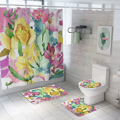 

Gobestart Flowers Shower Curtain Floor Mat Four-piece Bathroom Mat Set