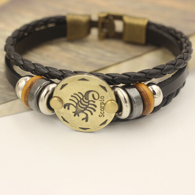 

12 Constellations Bracelet Fashion Jewelry Leather Bracelet Men Casual Personality Zodiac Signs Punk Bracelet