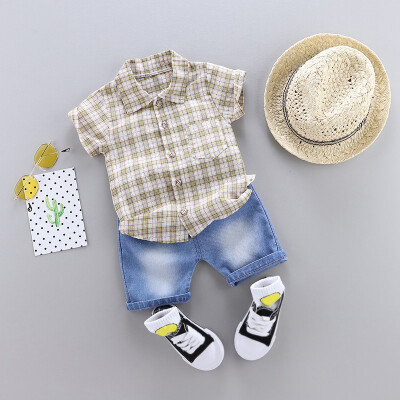 

Plaid Boy Clothes Set Summer Plaid Shirt Short Sleeve T-shirt Denim Shorts Kids Clothes Set Fashion beach Boy T-shirt