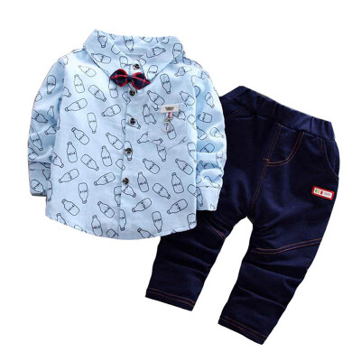 

2018 Korean Style children clothing boy Printed Plaid Solid Shirt Trousers Two-piece Suit 1-4 years old