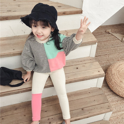 

Children Baby Girl knitting Comfortable Stripes Stitching Long Sleeve Round Collar TopsPants 2pcs 2-7Y Toddler Girl Clothes
