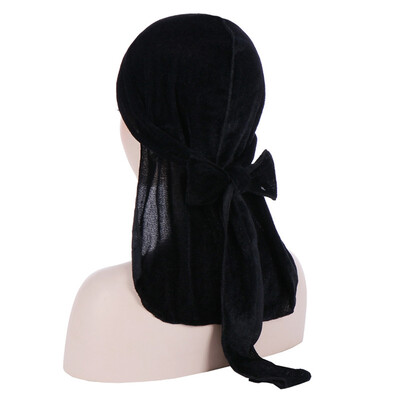 

Men Women Unisex Winter Velvet Solid Color Turban Hat Extra Long Tail Wide Straps Pirate Head wrap Biker Hair Cover