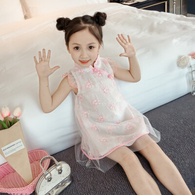 

Girls National Wind Princess Mesh Cute Sweet Long Sleeve Embroidered Lace Sleeveless Cheongsam Dress 2-7Y Toddler Girl Dress