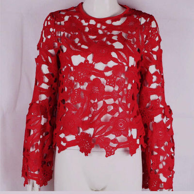 

OL Lady Wear Lace Flare Sleeve White Blouse Women Autumn Sexy Hollow Slim Pullover Tops