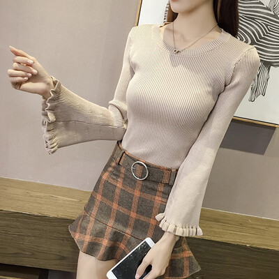 

Autumn Winter New Slim Ruffled Flare Sleeve Solid Color Sweater Trumpet Sleeves Round Neck Women Knit Pullover