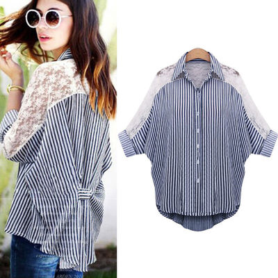 

Summer Fashion Lace Womens Stripe Short Sleeve Batwing Lapel T-shirt Casual Top Hot