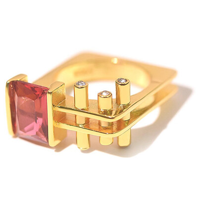 

Luxury Design Plated 18K Gold Red Sapphire Geometric Ring Anniversary Gift