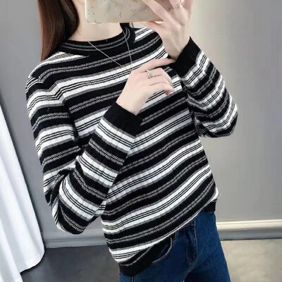 

New Knitted Striped Round Neck Contrast Color Irregular Long-sleeved Sweater Women