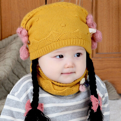 

2PCSSet Winter Baby Girl Warmer Scarf Hat With Braid Design Infant Collar Neckerchiefs Headwear Cartoon Scarf Hat Set