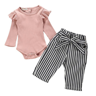 

Baby Girl Adorable Long Sleeve Romper Tops Stripe Print Trousers Outfits Autumn Clothes