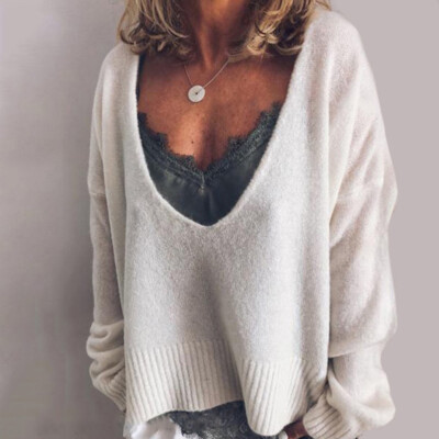 

Tailored Women Fashion Solid Knitted V-Neck Sexy Long Sleeve Sweater Top Blouse