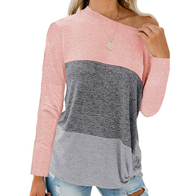 

Female T-shirt Color Matching Women T-shirts Skew Collar Long Sleeve Ladies Tops Shirt Autumn Winte Casual Loose Tee Tops