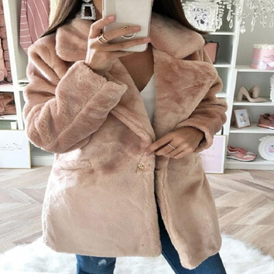 

Solid Wide Lapel Dual Pockets Long Sleeves Single Button Plush Coat