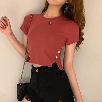 

Women Sexy Side Split Button T-shirt Cropped Bodycon O-neck Tight Tops For Female Women Cheap Clothing