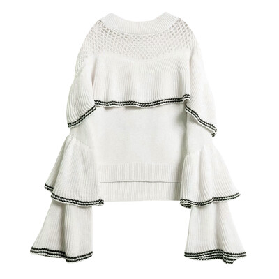 

Women Pullover Sweater Hollow Ruffle Splice Round Collar Bell Sleeve
