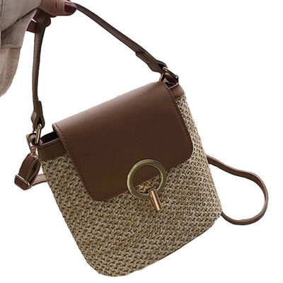 

Fashion Women Faux Leather Patchwork Beach Straw Tote Crossbody Sling Bucket Bag