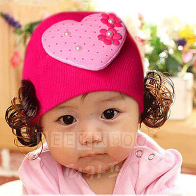 

Baby Girls Hat with Wig Winter Toddler Infant Knitted Baby Girl Hat Cute Fake Hair Cap Kids Hats Cute Cartoon Wig Warm Caps