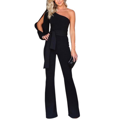 

Fashion Sexy Belt Womens jumpsuit One-shoulder Sleeves Bandage Jumpsuit Trousers Nice Elegant Long Pants