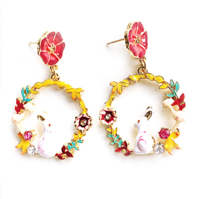 

Fashion 1Pair New Arrival Cute Colorful Rabbit Flowers Earrings For Women Vintage Stud Earrings Animal GirlS Gift
