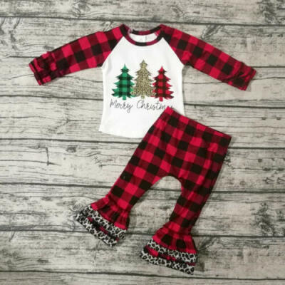 

Kid Baby Girl Clothes Merry Christmas Ruffle Tops T-shirtPlaids Pants Outfit