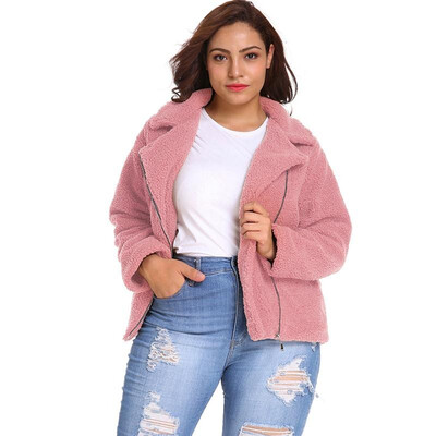 

Women Plus Size Winter Coat Jacket Fleeces Notched Collar Zip Up Warm Furry Faux Fur Casual Overcoat Outwear