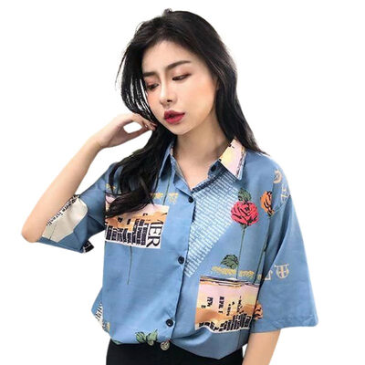 

Fashion Women Short Sleeve Streetwear Retro Shirt Korean Style Print Rose Harajuku T Shirt Women Chiffon Clothes 2019 New Tops