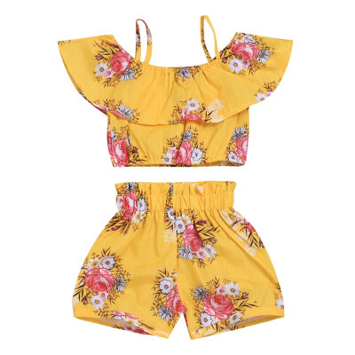

2019 Baby Girls Summer Clothes Print Off Shoulder Tops Yellow Shorts Summer Outfits 1-5T
