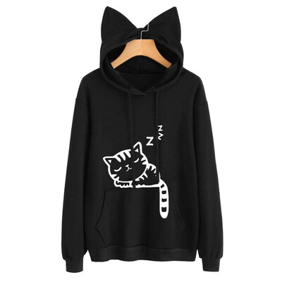 

Autumn&Winter Women Cat Print Ears Pullover Hoody Long Sleeve Sweatshirt With Hood Blazer Plus Size Tops