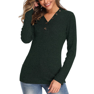 

Hot Sale Women Fashion Casual All-match Autumn And Winter Sweater V-neck Button Long-sleeved Slim Solid Color Sweater