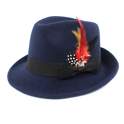

6 Colors Men Hard Felt Feather Trilby Jazz Hat Woolen Pork Pie Hat