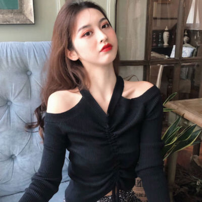 

Womens Clothing halter off shoulder Drawstring Lace Up Pleated long sleeve new solid spring Fashion Knitting thin women sweater