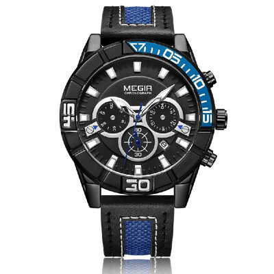 

MEGIR Fashion Genuine Leather Men Sport Watch 3ATM Water-resistant Quartz Luminous Wristwatch Man Relogio Musculino Chronograph