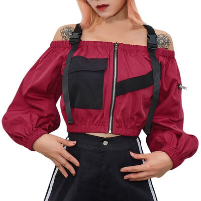 

2020 New Women Sexy One Word Collar Off-shoulder Slim Solid Color Zipper Long Sleeve T-shirt Tops