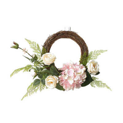 

Round Artificial Rose Flower Wreath Fake Hydrangea Floral Rattan Garland With Green Leaves For Door Window Wedding Decor