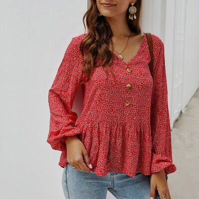 

Tailored Women Fashion Floral Print Long Sleeve V-Neck Button Casual Top T-Shirts Blouse