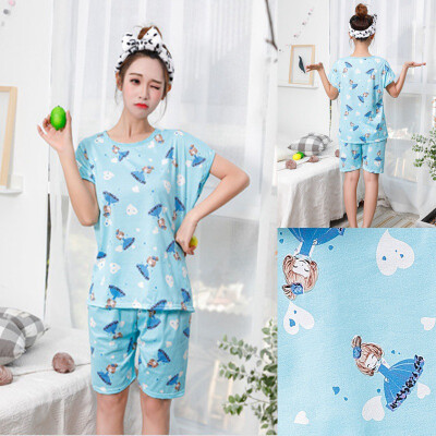 

Cartoon Print Women Pajama Sets Female Home 2 Pieces Set Crop Top Shorts Loose Elastic Waist Shorts Lounge pijama mujer 2019