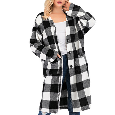 

Toponeto Women Fashion Plaid Cardigan Button Blouse Loose Long Sleeve Pocket Jacket