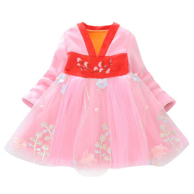 

Autumn Kids Dresses For Girls Chinese Traditional Dress 1Y-7Y Mesh Stitching Plus Velvet Embroidery Princess Long-Sleeved Sweet