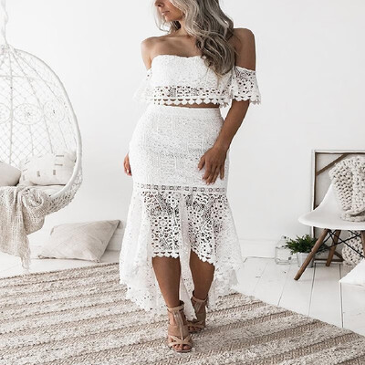 

Solid Trim Backless Off-the-Shoulder Busty Overlay Guipure Lace Pencil Dress