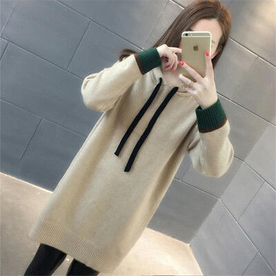 

Medium&long loose hooded knitted winter 2018 womens wear new woollen sweater Korean version of the pure color sweater coat