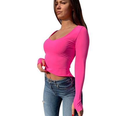 

Autumn And Winter New Casual Fashion Solid Color T-shirt Thumb Buckle Long-sleeved Shirt Female Orange Top
