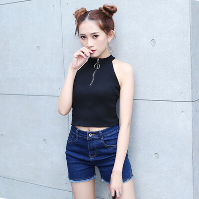 

Wild Off Shoulder Sequined Zipper Halter Camis Summer Tops For Women Sexy Short Tees BlackWhite Color Basic Crop Top Women
