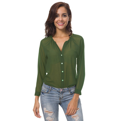 

Chiffon Shirts New Transparent Blouse V Neck Long Sleeve Button Top Solid Thin Womens Blouse Summer Casual Top