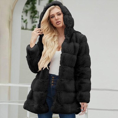 

Fashion Women Autumn Winter Faux Fur Coat Hooded Long Sleeve Front Pockets Solid Color Thick Warm Outwear Fake Fur Jacket