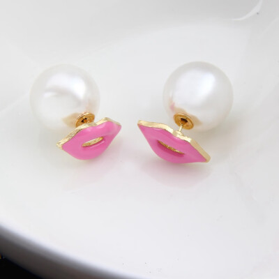 

Kiss Me Alloy Enamel Red Lip Simulated Pearl Earrings Summer Accessories Stud