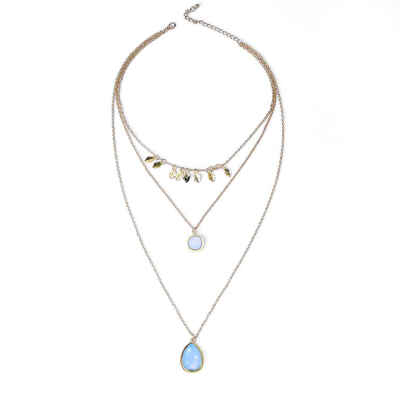 

Women Long Blue Round Gemstone Gold Leaf Pendants Gold Plated Extended Alloy Chain Necklace