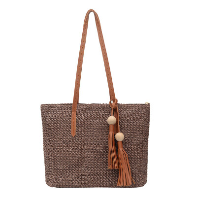 

Women Bag Versatile Straw Wood Bead Tassels Bag Large Capacity Handbag Solid Color Shoulder Bag