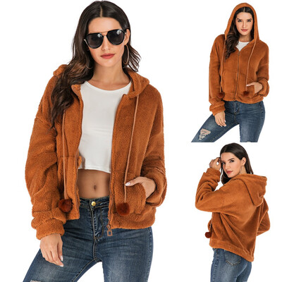 

Tailored Women Fashion Solid Faux Plush Ball Jacket Hooded Plush Zipper Loose Pocket Coat