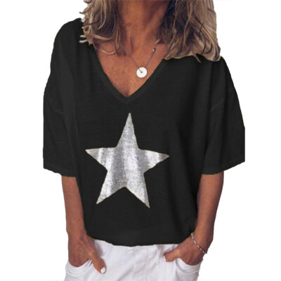 

Plus Size Summer Women Star V Neck Short Sleeve T-Shirt Solid Color Loose Top